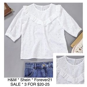 SHEIN Eyelet Ruffle Yoke Crewneck Short Sleeve Top